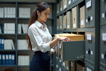 Femme professionnelle triant des dossiers dans un bureau organisé