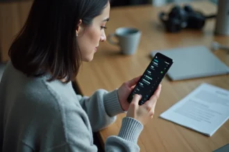 Femme tenant un smartphone Samsung et naviguant dans les paramètres de gestion de stockage