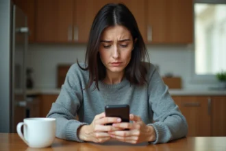 Femme frustrée regardant son iPhone avec une expression perplexe, problème de localisation Apple sur smartphone