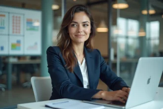 Femme en blazer au bureau travaillant sur son ordinateur