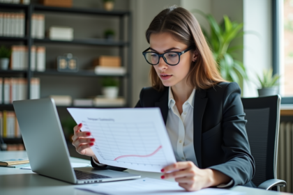 Jeune femme professionnelle analysant un graphique dans un bureau lumineux
