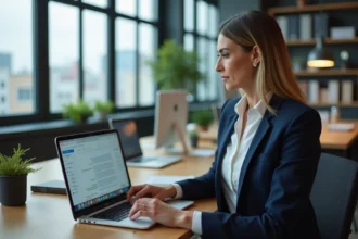 Femme professionnelle consultant sa messagerie webmail sur un ordinateur portable dans un bureau moderne