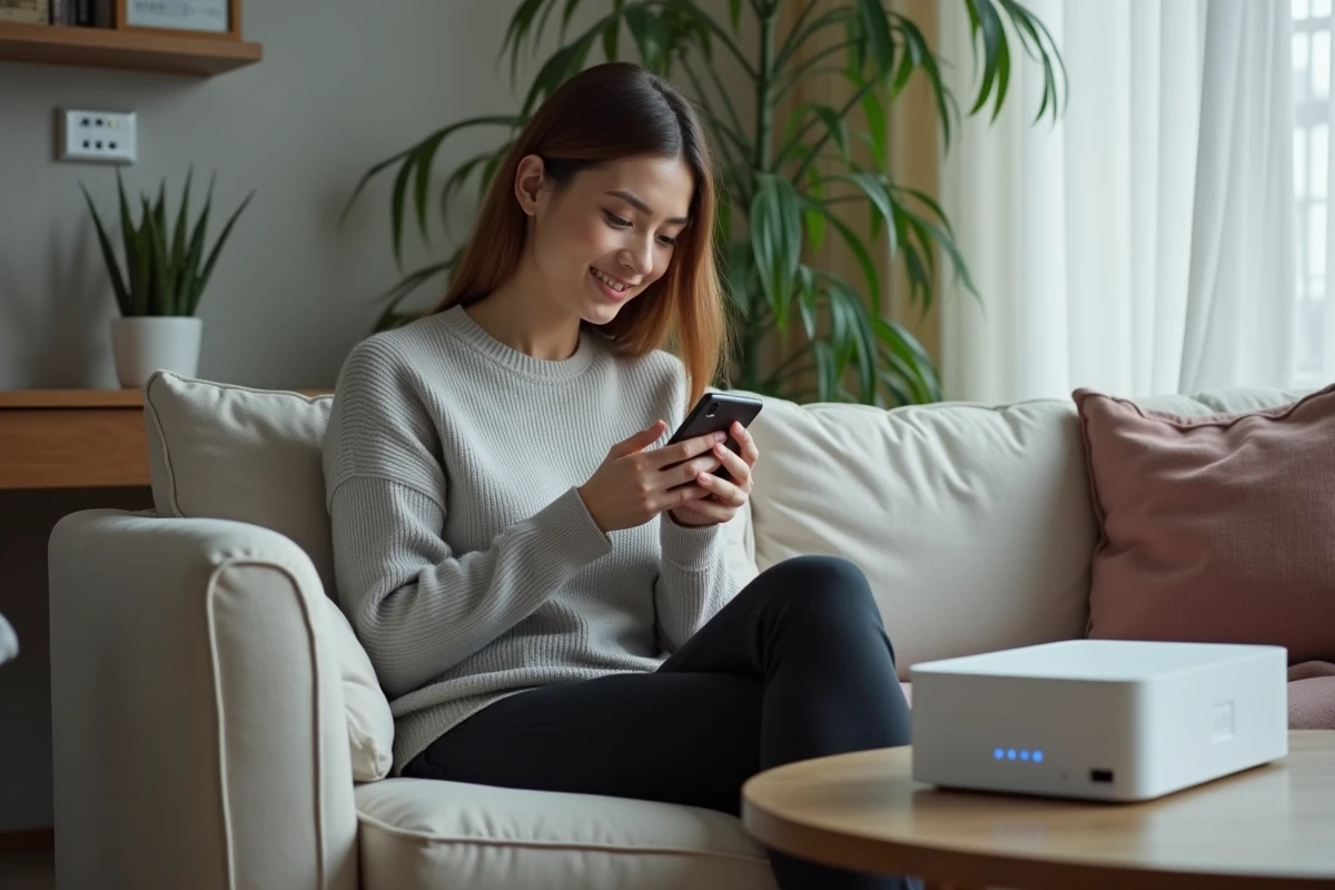 Femme observant modem internet avec smartphone