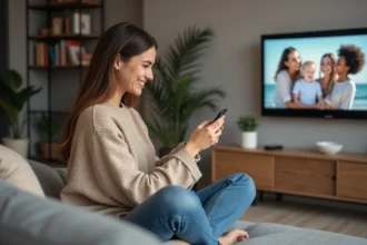 Femme souriante regardant la télévision avec vidéos familiales