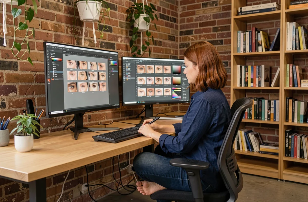 Femme utilisant un logiciel de retouche photo sur un écran OLED 1440p dans un bureau créatif avec double moniteur