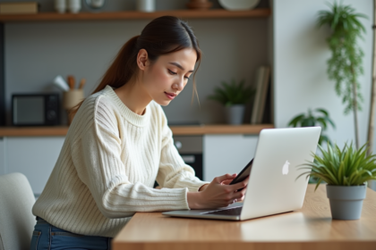 Femme en intérieur sauvegarde son smartphone sur un ordinateur