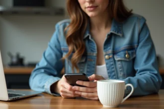 Jeune femme planifiant un message WhatsApp à la maison