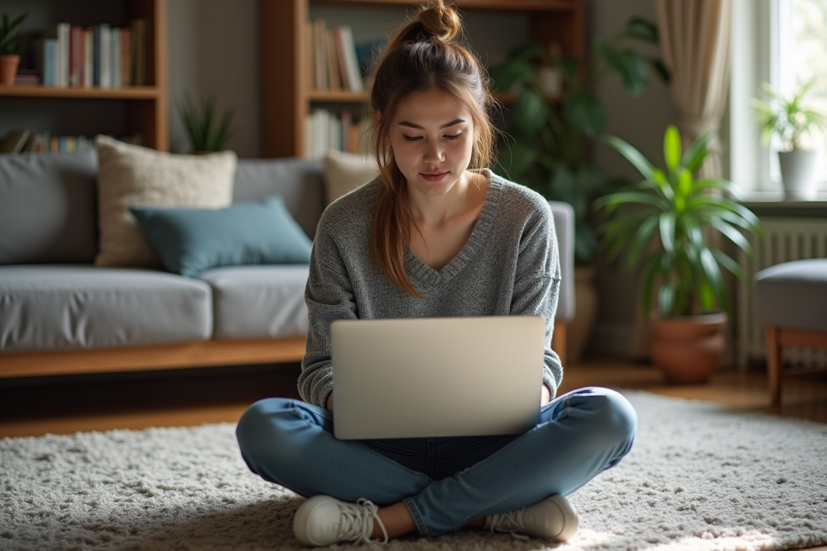 Femme vérifie ses paramètres de confidentialité en ligne à la maison