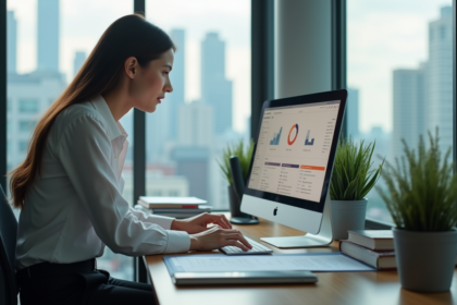 Jeune femme professionnelle analysant des données SEO au bureau