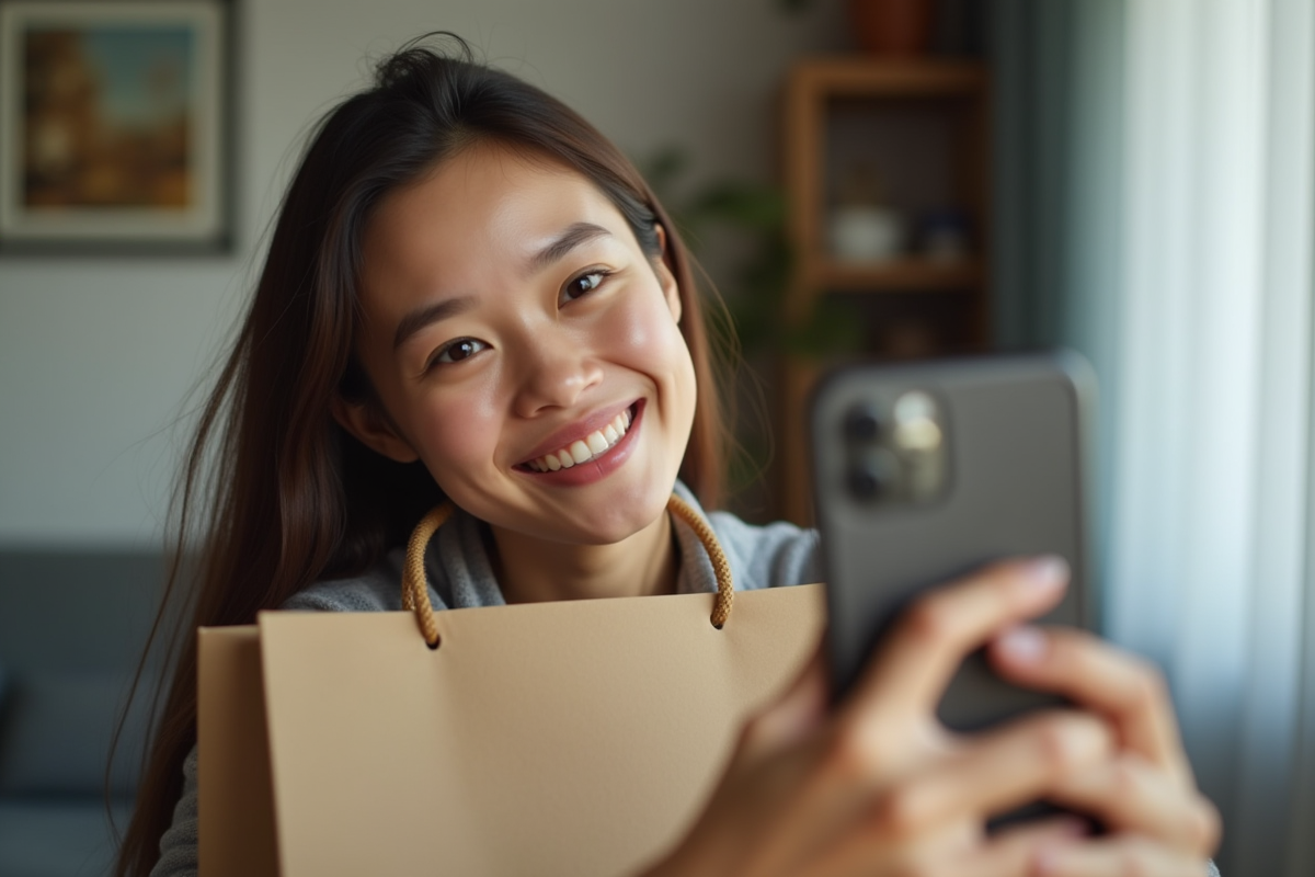 Jeune femme chez elle filmant avec son smartphone en souriant