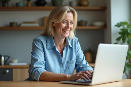 Femme souriante utilisant son laptop à la maison