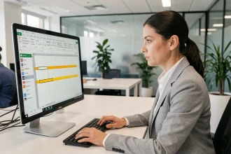 Femme professionnelle supprimant des lignes vides dans Excel sur un grand écran de bureau en open space