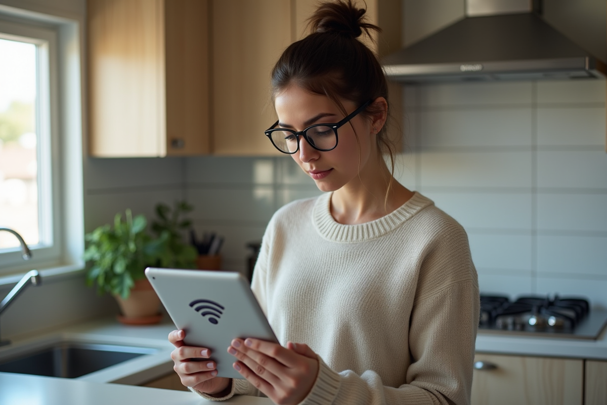 Jeune femme examinant sa tablette en cuisine