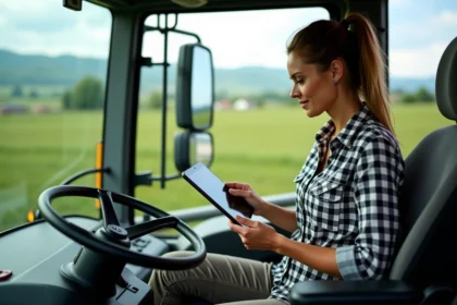 Femme dans la cabine d'un tracteur utilisant une tablette numérique