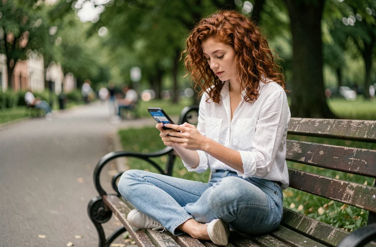 Jeune femme téléchargeant un livre Kindle sur smartphone dans un parc urbain
