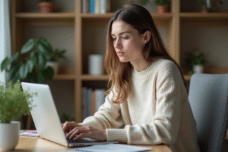 Jeune femme travaillant sur un ordinateur dans un bureau moderne