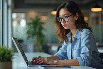 Femme concentrée analysant des données sur son ordinateur au bureau