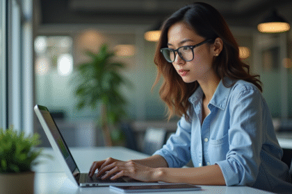 Femme concentrée analysant des données sur son ordinateur au bureau