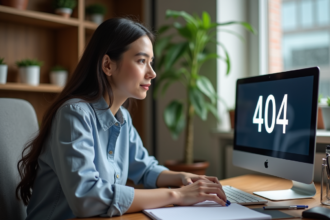 Jeune femme concentrée devant un ordinateur affichant une erreur 404