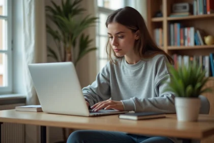 Femme travaillant sur son ordinateur dans un espace cosy