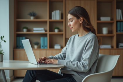 Jeune femme professionnelle travaillant sur un ordinateur dans un bureau moderne
