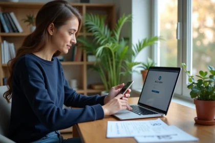 Jeune femme au bureau à la maison utilisant un ordinateur portable