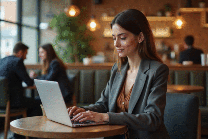 Femme travaillant sur un ordinateur dans un café cosy