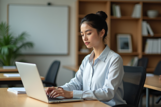 Femme concentrée travaillant sur un ordinateur portable dans une salle lumineuse