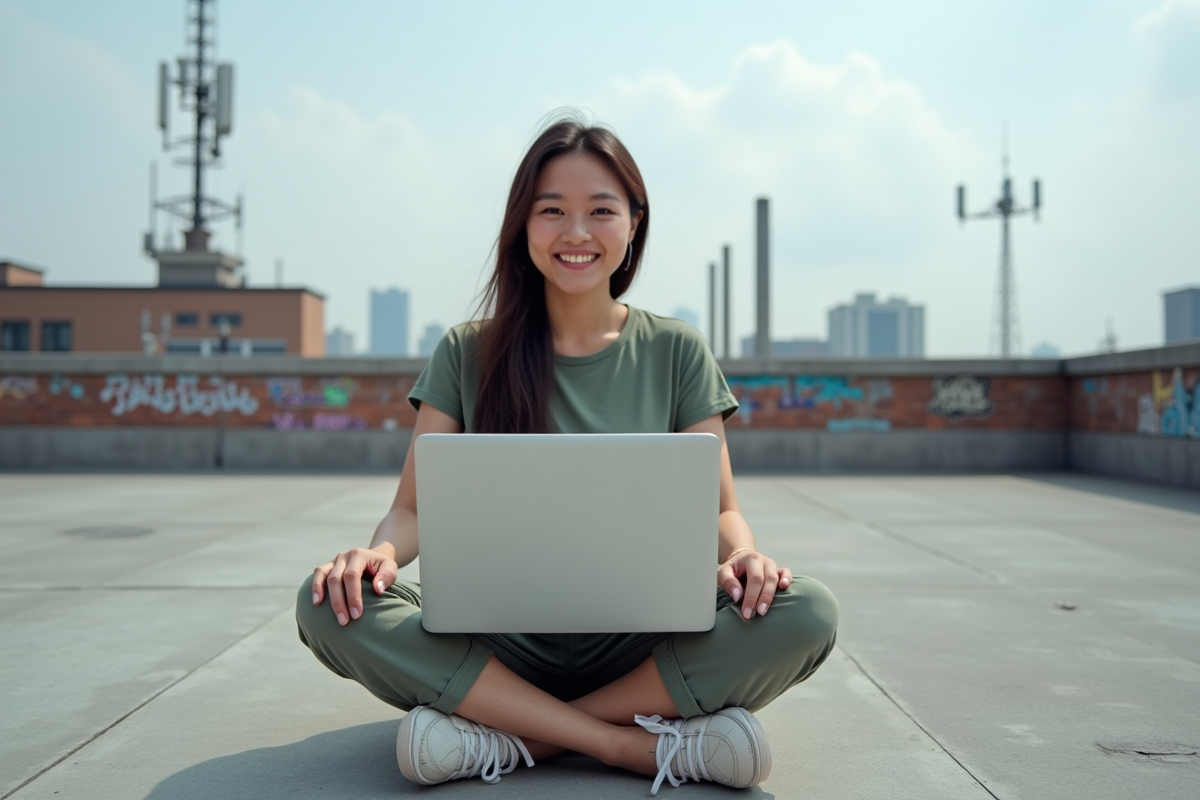 Femme confiante sur un rooftop urbain avec son ordinateur portable