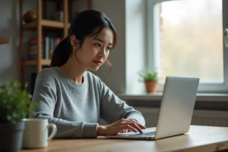 Femme consultant les paramètres SafeSearch de Google sur son ordinateur portable dans un bureau à domicile