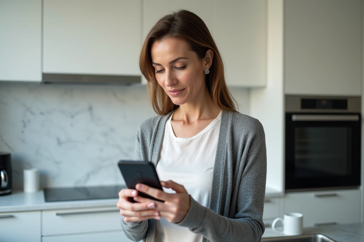 Femme vérifiant une liste de dépannage sur son smartphone pour résoudre un problème avec UHA e Service