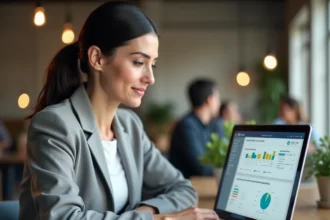 Une professionnelle utilisant une webapp moderne sur son ordinateur portable dans un espace de coworking en 2026