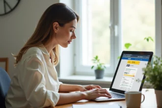 Femme utilisant le webmail La Poste sur un ordinateur portable dans un bureau à domicile