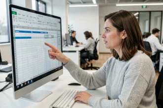 Femme au bureau montrant des lignes figées dans un tableau Excel sur écran d'ordinateur
