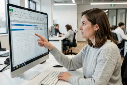 Femme au bureau montrant des lignes figées dans un tableau Excel sur écran d'ordinateur