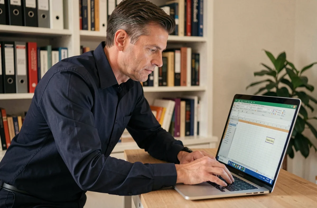 Homme utilisant Excel sur un laptop avec des lignes figées affichées dans un bureau à domicile