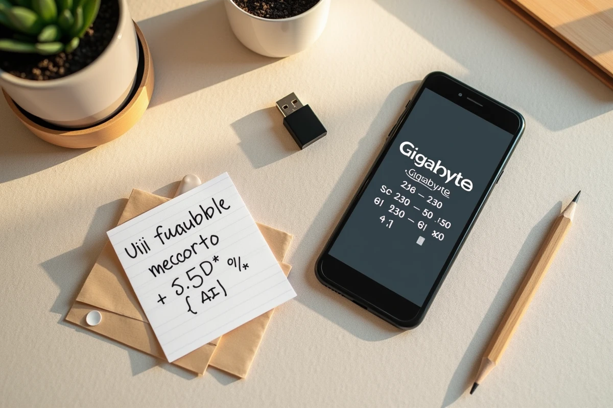 Vue de dessus d'un smartphone affichant un convertisseur Go Mo avec un mémo manuscrit et une clé USB sur une table en bois