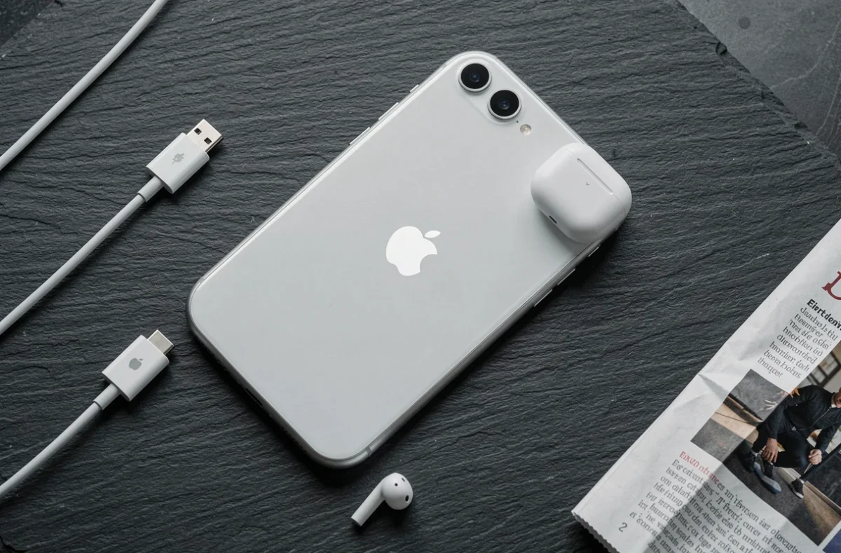 Flat-lay minimaliste d'un iPhone SE compact avec accessoires Apple sur ardoise, évoquant la nouvelle gamme Apple attendue en 2026