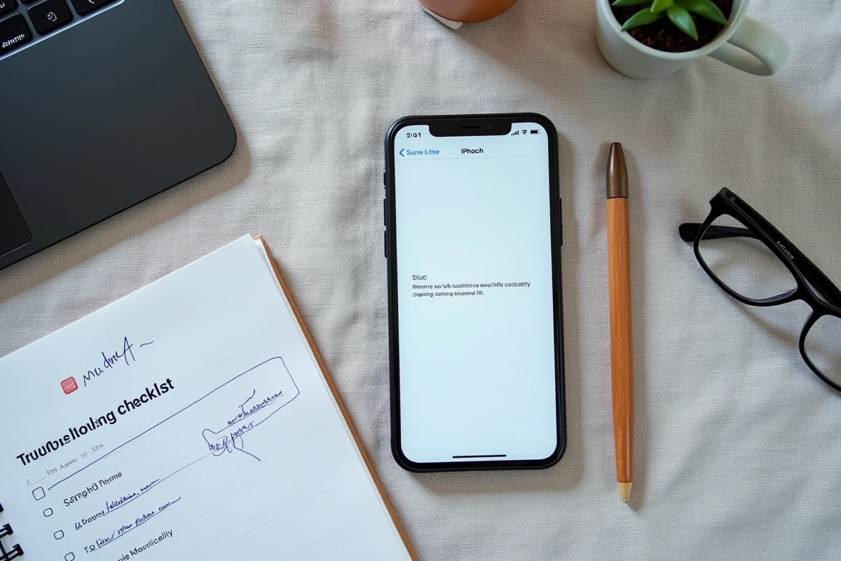 Vue aérienne d'un iPhone affichant une erreur de localisation Apple Maps avec notes de dépannage sur fond lin gris