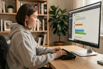 Jeune femme utilisant Discord sur ordinateur avec des messages en italique visibles à l'écran dans un bureau à domicile moderne