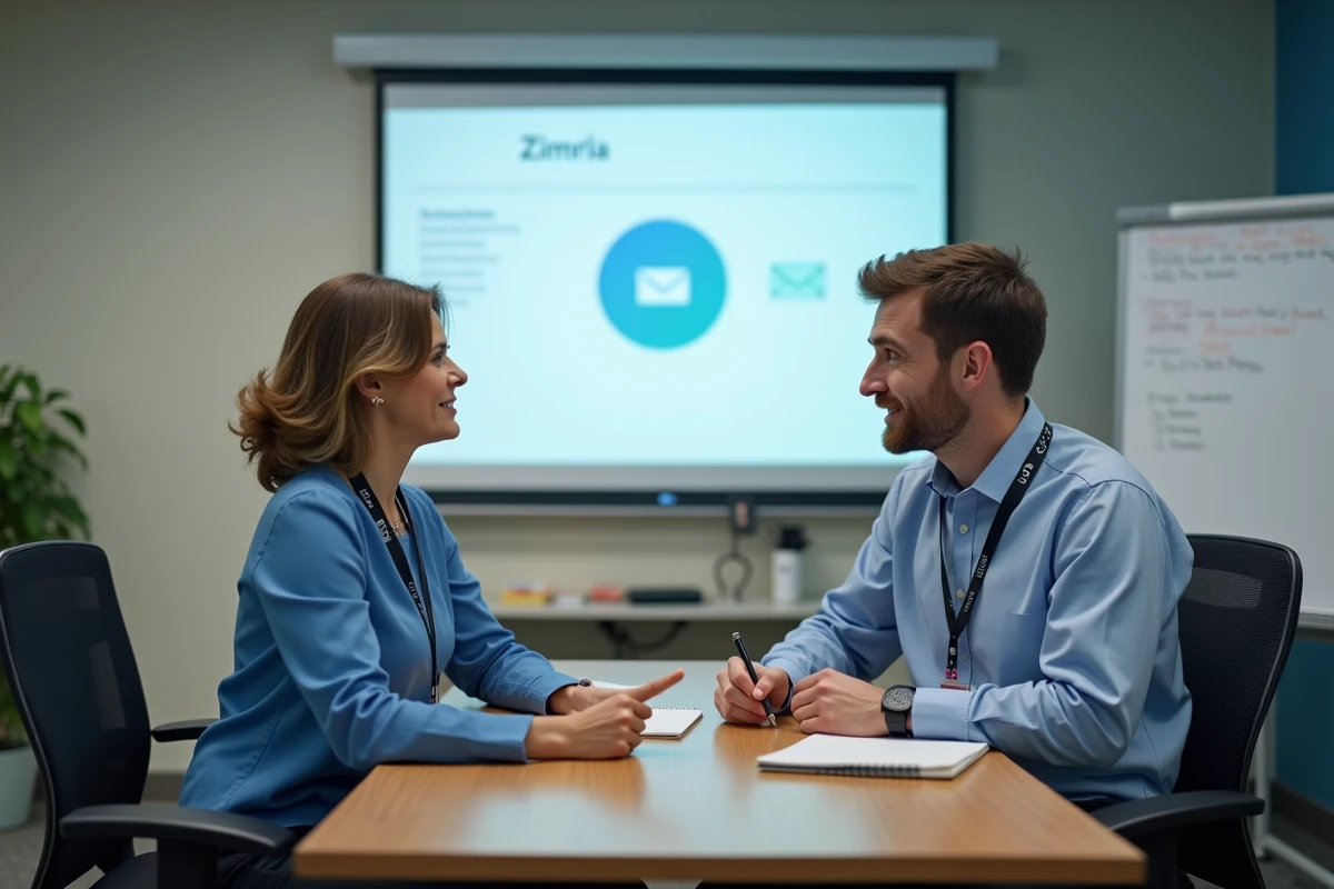 Session de formation à Zimbra CHU Reims avec deux agents hospitaliers lors d'une intégration de nouveau personnel