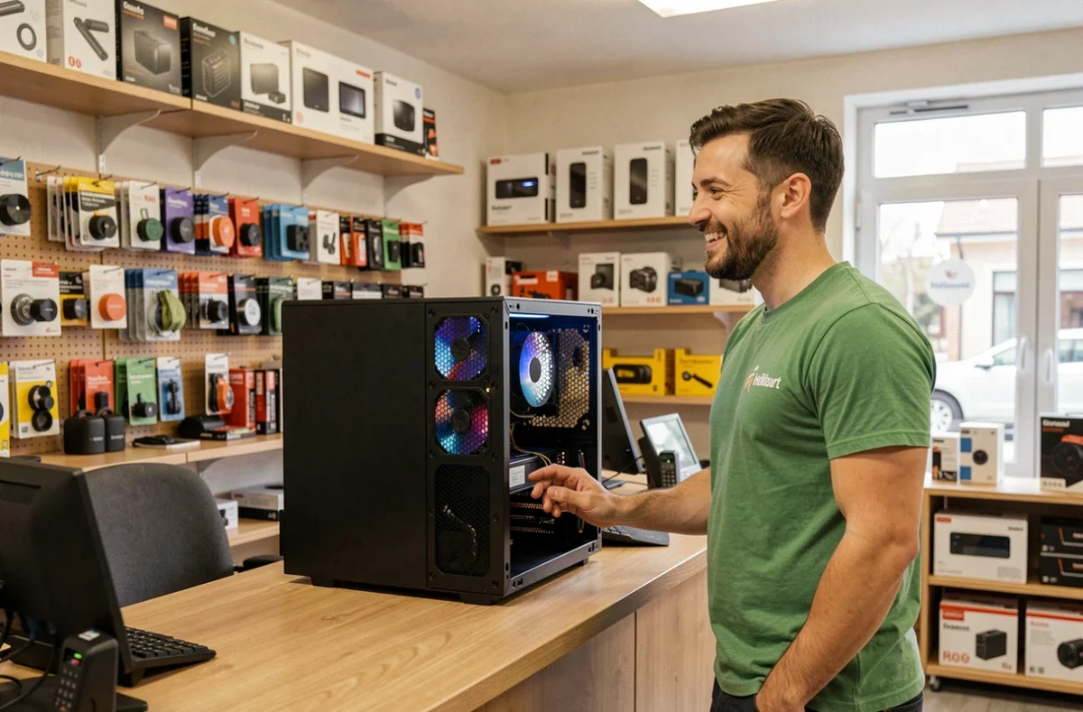 Accueil d'un client par un technicien de GEEKOLAND à Heillecourt dans une boutique de réparation informatique