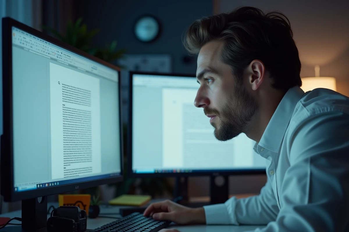 Homme analysant des sauts de section dans un document Word sur un écran d'ordinateur de bureau