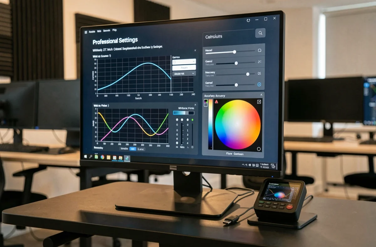 Gros plan sur un écran OLED 1440p affichant une interface de réglages professionnels avec un colorimètre posé sur le bureau
