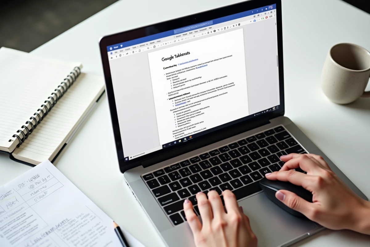 Gros plan sur un écran d'ordinateur affichant une table des matières détaillée dans Google Docs avec des mains sur le clavier