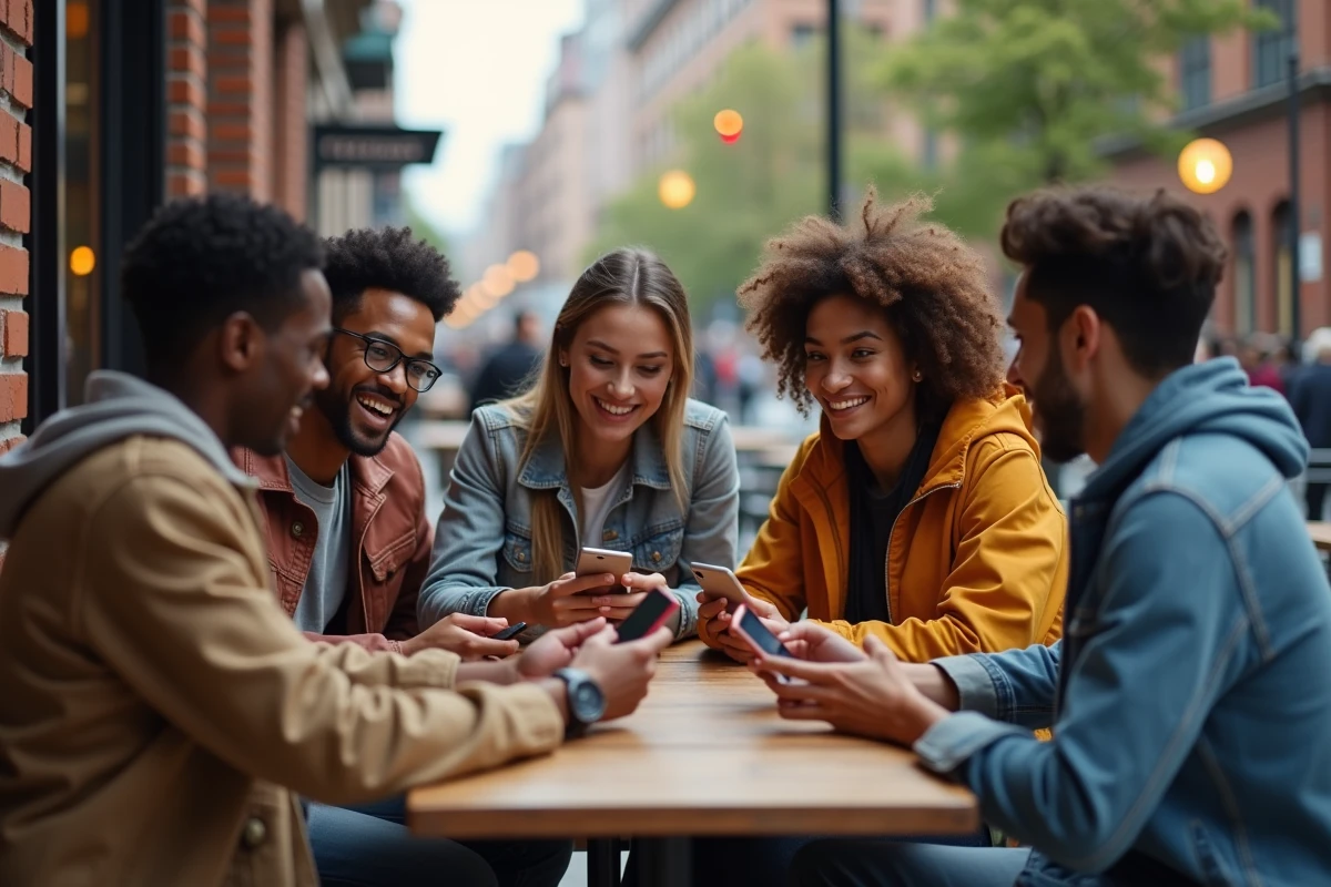 Groupe de jeunes discutant dans un café urbain