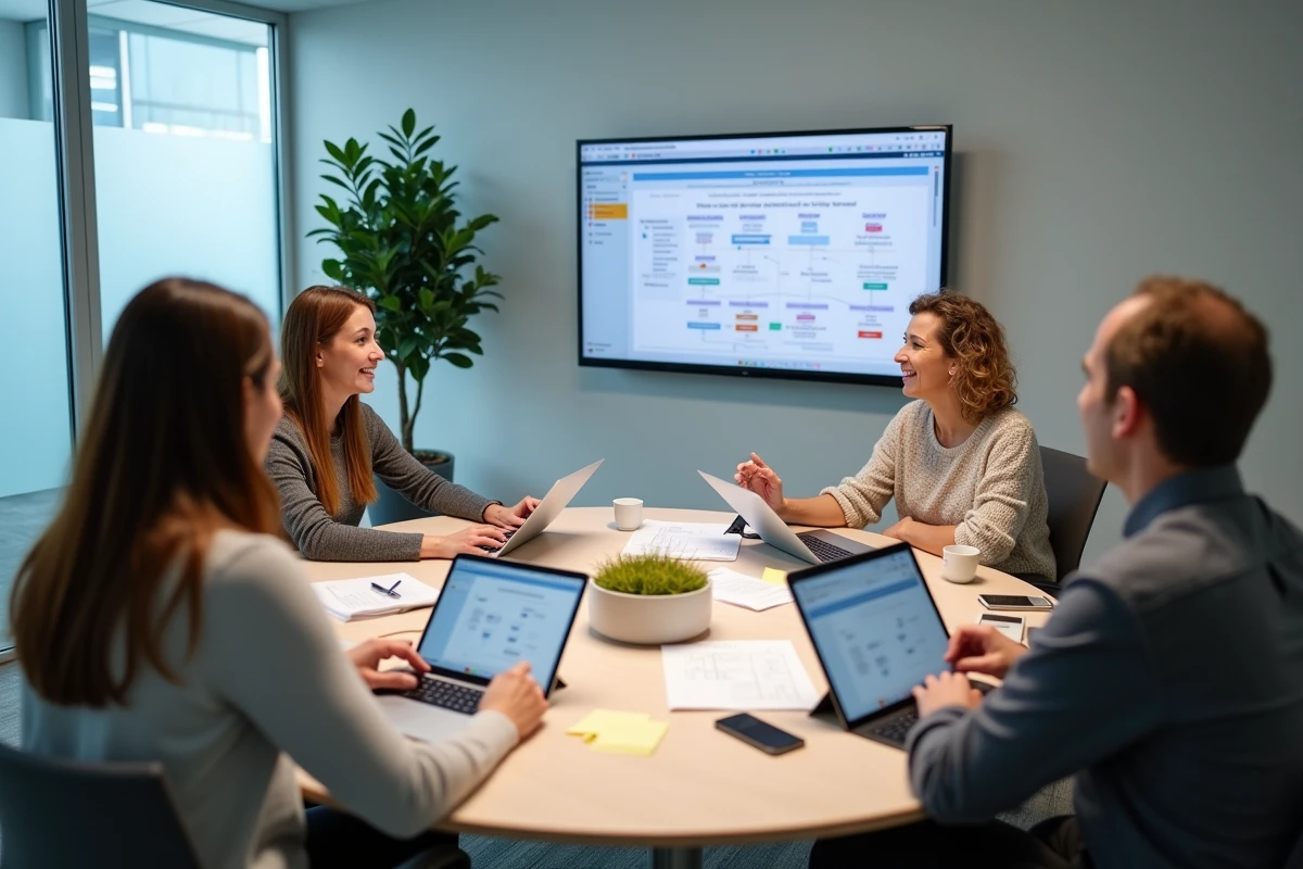 Groupe d'enseignants collaborant autour d'un projet de curriculum numérique innovant lors d'une réunion pédagogique