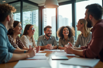 Groupe divers dans un bureau moderne partageant des idées