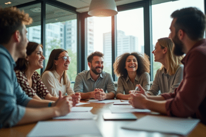 Groupe divers dans un bureau moderne partageant des idées