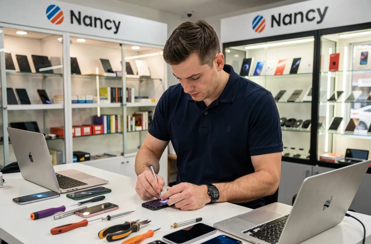 Technicien de GSM PC MAC à Nancy réparant un smartphone sur un comptoir d'atelier professionnel